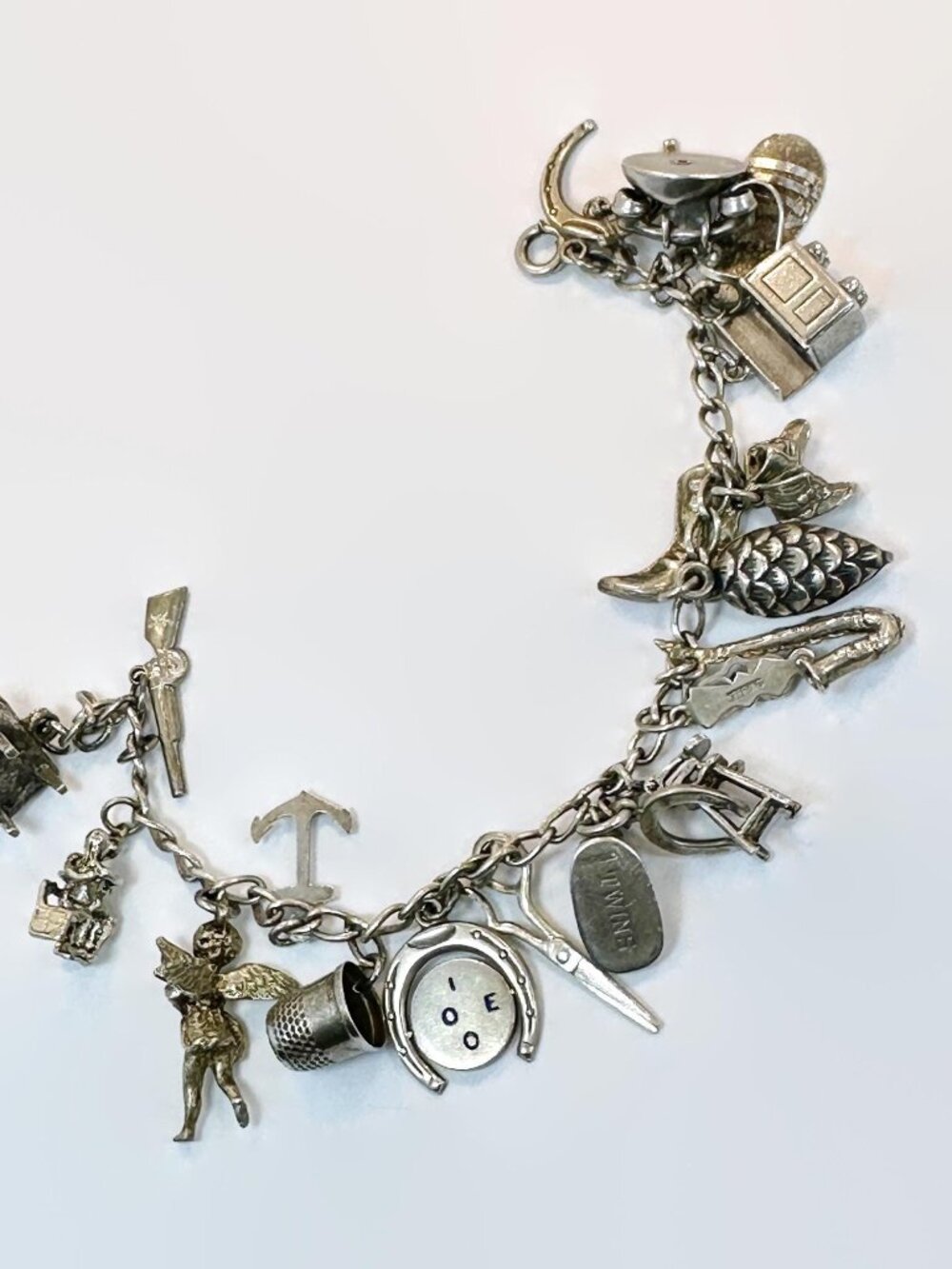 Vintage Charm Bracelet Sterling Silver 19 Charms, Multiple Charms, Angel, Horses